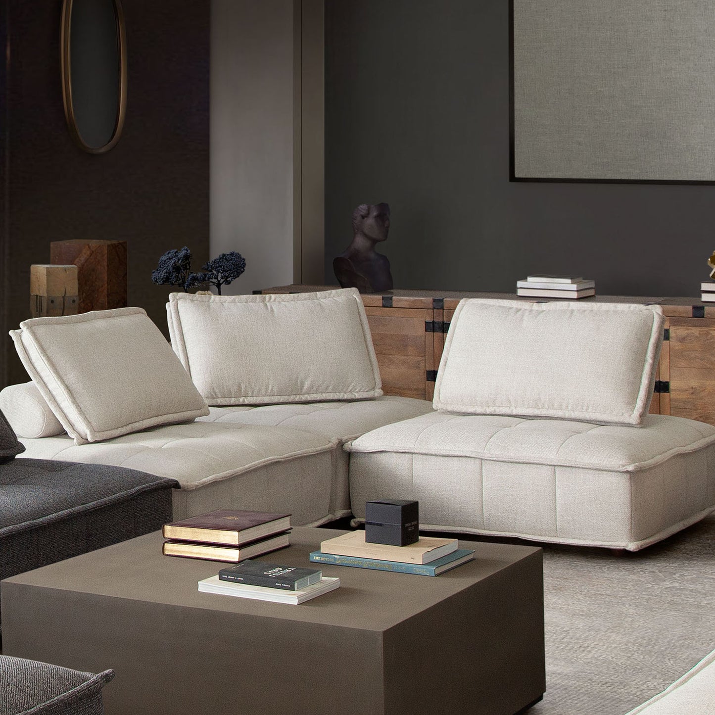 Platform 3-Piece Square Modular Lounger by Diamond Sofa Fabric w/ Bolstered, Non-Skid Backrest
