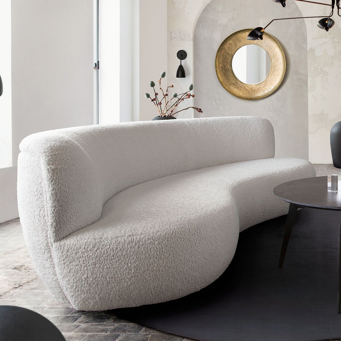 Simone Curved Sofa in White Faux Sheepskin Fabric by Diamond Sofa SIMONESOWH